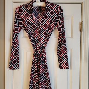 INC Long Sleeve Black, Red, White Belted Dress
